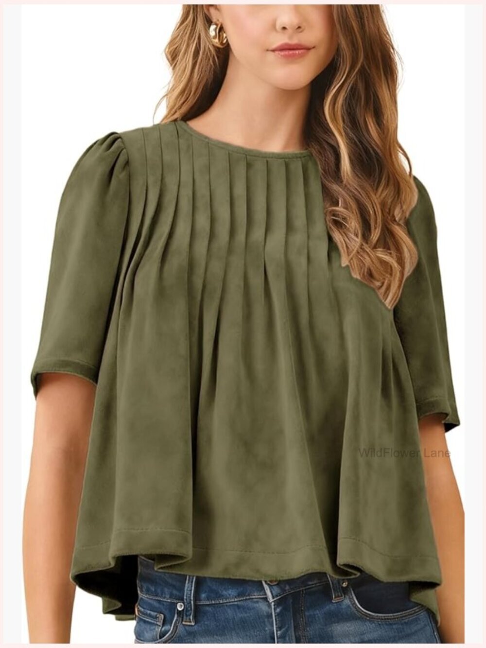 Faux Suede Babydoll Top Crewneck Pleated Peplum Blouse Flowy Pullover